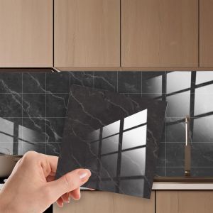 Dalle PVC Adhesive Murale Carrelage 15x15cm Credence Adhesive pour Cuisine Forte Adhérence Stickers Carrelage Marbre d'encre Noire Crédence Adhésive Résistant à la Chaleur Cuisine 24pcs - Neuf