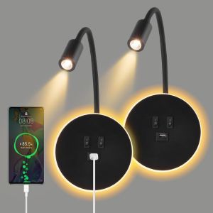 2pcs Applique Murale Interieur Led, Lampe De Lecture Avec Interrupteur, Liseuses Murales De Chevet Réglable Avec Chargeur Usb, 3000k Lecture De Chevet Applique Murale Pour Chambre Salon (Noir) - Neuf
