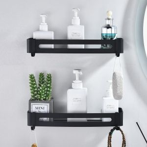 Etagere Douche Noir Etagere Salle De Bain Sans Percage Panier Murale De Douche En Aluminium Tablette De Rangement Salle De Bain Serviteurs De Douche Adhésive, Durable, Non Rouillée (2 Niveaux) - Neuf