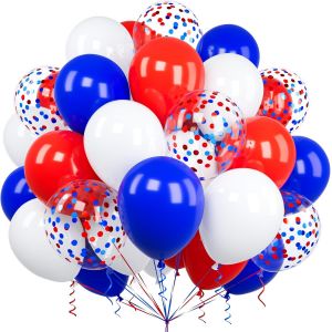 60 X Blue Red And White Balloons, 12 Inches Royal Blue Red Confetti Latex Helium Balloon For Girls, Boys, Children, Birthday, Baby Shower, Wedding, Christening, Festival, Graduate Decoration - Neuf