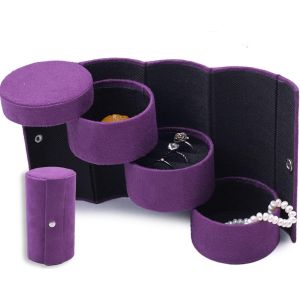 Violet Fonc&eacute; Velours Trois Couches Cylindriques Bijoux Bo&icirc;te, Portable D&eacute;roule Pliable Affichage Bo&icirc;te &Agrave; Bijoux, Collier Boucles D'oreilles Bague &Eacute;tui De Rangement Cadeau D'anniversaire - Neuf
