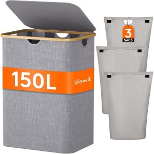 MEVRONISSHOP-150L Panier &agrave; Linge avec Couvercle, Grand Corbeille &agrave; Linge Pliable avec Poign&eacute;es en Bambou, 3 Compartiments et 3 Sacs &agrave; Linge Amovibles, pour Chambre, Salle de Bain, Buanderie, Gris Cla - Neuf