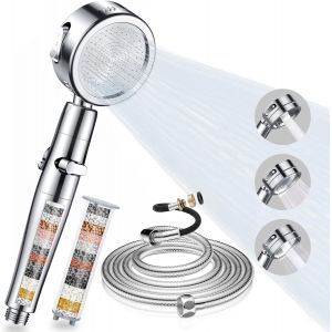 Pommeau de douche avec tuyau de 2 m, haute pression avec filtre, 3 types de jet, pommeau de douche avec fonction d'arr&ecirc;t pour eau dure, chlore r&eacute;siduel, bact&eacute;ries, m&eacute;taux lourds - Neuf