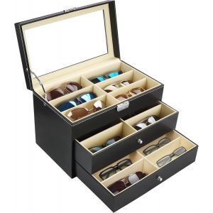 Boite A Lunette De Soleil En Faux Cuir Noir - 18 Fentes À Lunettes - Rangement Lunette De Soleil À 3 Niveaux Avec Tiroirs - Lunettes De Soleil, Lunettes, Montres Et Bijoux - Hommes Et Femmes - Neuf