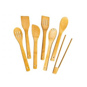 Ensemble D'ustensiles De Cuisine En Bambou Avec Support - 8 Pi&egrave;ces - Neuf