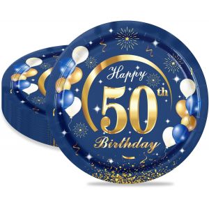 Kalanka-16 Pièces Assiette Pour Fête Anniversaire 50 Ans,9 Pouces/23cm Bleu Or Papier Assiette Dessert Plateau Vaisselle Pour Décoration Anniversaire 50 Ans Homme Femme - Neuf