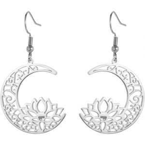 Chenquansarl-Boucles D'oreilles Pendantes Yoga Fleur De Lotus En Acier Inoxydable Boucles D'oreilles À Pendentif Lotus Dans La Lune Bijoux D'inspiration Pour Femme Charmantes Dames - Neuf