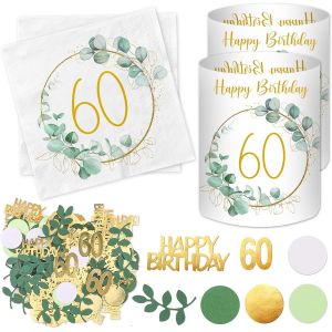 TRAHOO-Lot de 20 serviettes pour 60 ans + 12 photophores d&eacute;coratifs de table + 100 confettis vert 60e anniversaire 60e anniversaire femme homme eucalyptus d&eacute;coration de table 60 ans - Neuf