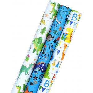 3 Rouleaux De Papier D'emballage Dinosaure, 43 Cm X 3 M, Papier D'emballage Cadeau Recyclable Pour Enfants, Pour Anniversaire, Fête Prénatale, Décorations Festives - Neuf