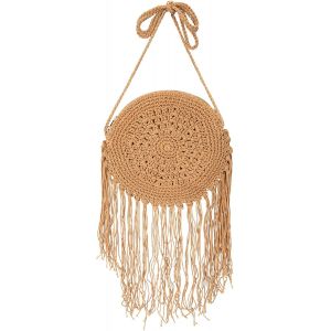 RFCBC-Sac à Main Tissé Rond en Paille avec Gland pour Femme, Sac à Bandoulière de Crochet de Coton, Boho Petit Fait à la Main pour la Plage D'été, Fête du Soir, Vacances Voyage - Neuf
