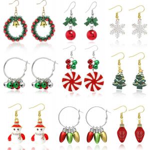 Chenquansarl-9 Paires Boucle D'oreille Noel Femme Bijoux Ensemble Boucle D'oreille Pere Noel Flocon De Neige Cadeau Noel Femme Lot Boucles D'oreilles Pendantes Cloche De Sapin De Noël Bonhomme De Nei - Neuf
