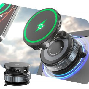 Chargeur Voiture sans Fil 15W avec Support Magn&eacute;tique, Base Gel Ultra-Forte pour Absorber Les Surfaces Rugueuses, Rotation 360&deg;Compatible with Magsafe iPhone 17/16/15/14/13/12 - Neuf