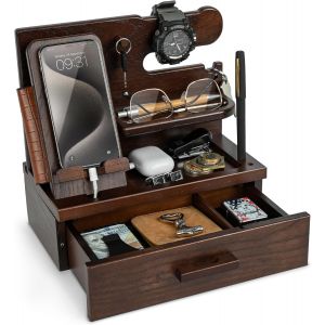 acdsgd-Station d'accueil de t&eacute;l&eacute;phone en bois avec tiroir &iquest; Organiseur de table de nuit &iquest; Organisateur de bureau pour mari &iquest; Cadeau d'anniversaire pour homme ou papa &iquest; Id&eacute;e d'anniversaire &iquest; - Neuf