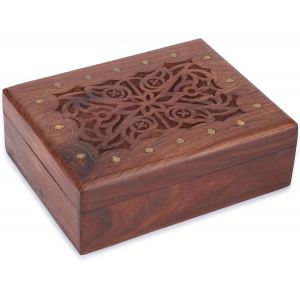Kyaoayo-Coffre Au Trésor Décoratif En Bois Sculpté À La Main Boîte À Bijoux Grande Design C Ique Multi U S Rangement Pour Colliers Montres Support Souvenir Idéal Pour Cadeaux - 9 X 7 Pouces - Neuf