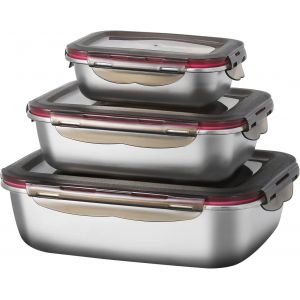 CHECARZHN--NO1-3 Pièces Récipients Alimentaires En Acier Inoxydable Avec Couvercles Hermétiques Boîtes Alimentaires Empilables 600Ml/ 1500Ml/ 2900Ml - Neuf