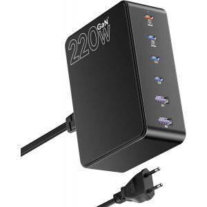 Soui-Chargeur Usb C,220w Gan Station De Chargeur With 4 Usb-C And 2 Usb-A,Laptop Station De Charge Rapide,Chargeur Secteur Avec Câble Usb C-Port For Macbook,Iphone,Ipad,Galaxy - Neuf