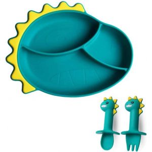 Assiette Ventouse Pour Bébé En Silicone Vert Foncé Avec Cuillère Et Fourchette, Antidérapante, Auto-Alimentée Avec Une Forte Aspiration, Sans Bpa, Passe Au Micro-Ondes Et Au Lave-Vaisselle - Neuf