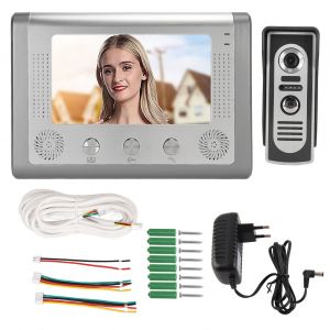 Systeme d'interphone video filaire 7 pouces, kit de sonnette avec vision nocturne infrarouge, prise UE, surveillance et deverrouillage - Neuf