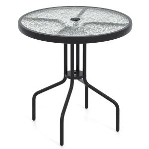 Table De Jardin Ronde 70 Cm Avec Trou Pour Parasol Design Moderne En M&eacute;tal Noir Verre Tremp&eacute; Helloshop26 20_0013995 - Neuf