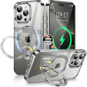 [Anneau en M&eacute;tal CD & 360&deg; Rotation Support Invisible] Coque Magn&eacute;tique pour iPhone 16 Pro [Compatible Magsafe] [Pare-Chocs Antichoc Galvanis&eacute;] Coque Fine Transparente avec Support u2013 Titane Naturel - Neuf