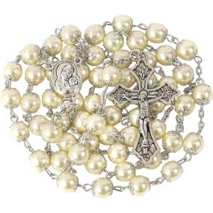 Trahoo-Store Chapelet Catholique Avec Perles Crème,Médaille De Terre Sainte,Croix Chrétienne,Cadeau Religieux Pour Homme Et Femme,50.8 Cm,Alliage De Zinc, Alliage De Zinc, Sans Pierre Précieuse - Neuf