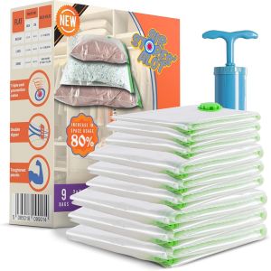 YEMAESRE-LotDe 9 Sacs De Rangement Sous Vide Pour Économ r De L'Espace ¿ Sacs De Rangement Sous Vide Réutilisables Pour Vêtements Avec Pompe À Main ¿ Sacs De Compression Pour Vêtements En 3 - Neuf