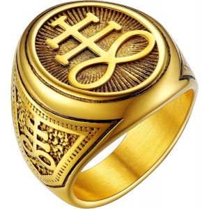 Tianyi-Chevalière Satanique Homme Personnalisable,Bague Sigil De Lucifer/Croix De Léviathan,Acier Inoxydable/Or/Noir,Taille 54-72,Bijoux Gothique Satan Biker (Boîte Cadeau) - Neuf