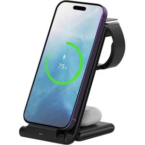 KALANKA-Support de Charge sans Fil Compatible avec iPhone, Apple Watch et AirPods - Chargeur Rapide 3-en-1 Pliable Compatible avec Qi Magsafe Support de Charge sans Fil pour T&eacute;l&eacute;phone - Noir - Neuf