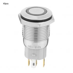 Lot de 40 interrupteurs a bouton-poussoir autobloquants en metal, 16 mm, 12 V, lumiere LED, 5 broches (bleu) - Neuf