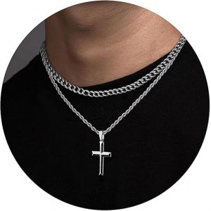 Kal-Collier Croix Homme, Chaine Pendentif Croix Acier Inoxydable Bijoux, Collier Homme Avec Pendentif Croix Chaîne Pour Hommes Femme - Neuf