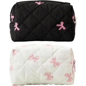 KALANKA-2PCS Petite Trousse de Maquillage pour Sac &agrave; Main, Trousse de Toilette de Voyage Cosm&eacute;tiques &agrave; Glissi&egrave;re Portable avec Texture Pliss&eacute;e en Relief, Pendentif N?ud et Perle (Rose et Noir) - Neuf