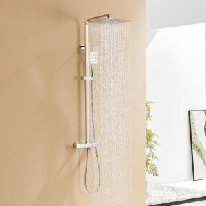CLOUDDS_Colonne De Douche Thermostatique Hauteur Réglable Entre 96-130Cm,Mitigeur Baignoire Avec Pommeau De Douche 30X30Cm,Colonne De Douche Avec Mitigeur En Acier Inox Pour Salle De Bain - Neuf