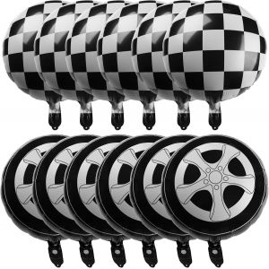 ChicSlick-Lot De 12 Ballons De Voiture De Course, 45,7 Cm, Ballons À Carreaux Noirs Et Blancs, En Film D'Aluminium, Ronds, Durables, Réutilisables, Décorations De Fête Classiques Pour Annive[X631] - Neuf