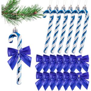 Kal-6pcs Cannes De Bonbons De Noël Avec 12pcs Noeuds De Ruban De Noël Bleu Décorations De Sapin De Noël Ornements De Bonbons De Canne De Noël Cadeau Noël - Neuf