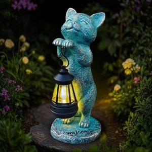 MEVRONISSHOP-Statue décorative à énergie solaire pour le jardin ou le balcon - Sculpture animale en résine résistante aux intempéries - Amateurs de jardin/femmes/mères (chat vert) - Neuf