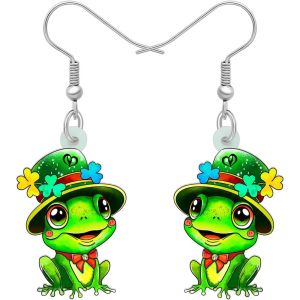Kal-Boucles D'oreilles Pendantes En Acrylique St. Patrick Cadeaux Pour Femmes Filles Mignon Grenouille Avec Chapeau Shamrock Irlandais Bijoux Pour Festival Décorations De Fête - Neuf