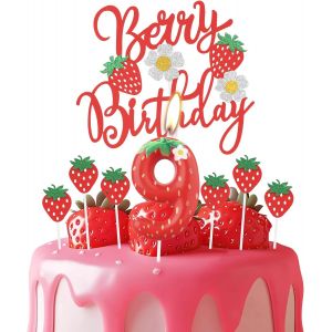 Eryi-Lot De 9 Bougies D'anniversaire, Fraise Rouge, Numéro 9, Pour Gâteau, Fruits Rouges, Décorations De Gâteau D'anniversaire Avec Fleurs Blanches, Thème Fraise Pour Filles Et Garçons 9ème Anniversa - Neuf