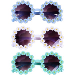 Kalanka-3pcs Lunettes De Soleil Pour Femmes, Lunettes De Soleil Rondes Marguerites Classiques Nobles Femmeshommes Belles Lunettes De, Protection Uv400 Adapté Aux Enfants (Blanc+Bleu+Vert) - Neuf