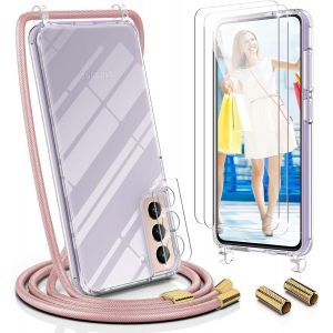 Housse Avec Lanière Réglable Pour Samsung Galaxy S21 5g 6,2"" - Coque Anti-Choc + 2 Protections Verre Trempé + Film Caméra Arrière - Rose Doré - Neuf