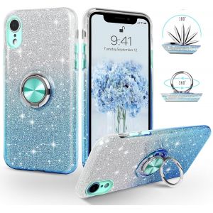 Kal-Coque Iphone Xr Avec Anneau Rotatif 360° Support De Voiture Magnétiqu, Paillettes Scintillantes Brillantes Etui Protection À Anti-Rayure Antichoc Housse Pour Iphone Xr 6.1'', Dégradé Bleu - Neuf