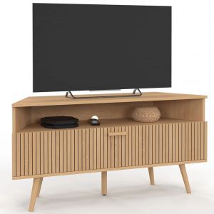 Meuble TV 110 cm d'angle JULIETTE 1 porte effet lattes coloris ch&ecirc;ne - Neuf