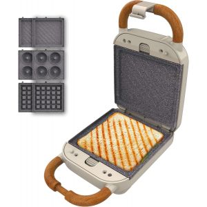 Checarzhn--No1-Appareil À Sandwichs Rock'ntoast Retro One Beige. Machine À Sandwich Rétro 700w, 3 Plaques Pour Sandwiches, Gaufres Et Beignets, Revêtement Rockstone, Indicateur Lumineux, Base Antidérapante - Neuf