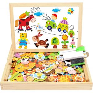 Mdy-Puzzles En Bois Magnétique, 100+ Pièces Jigsaw Avec Tableau Noir De Chevalet À Double Face Jouets Educatif, Pour Enfants Fille 3 4 5 Ans, Jouets Montessori Educatif Puzzle En Bois - Neuf