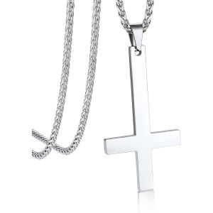 Kal-Collier Homme Croix &Agrave; L'envers En Acier Inoxydable/Noir, Pendentif Croix De Saint Pierre Avec Cha&icirc;ne Spiga Ajustable De 3mm/55+5cm - Neuf
