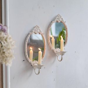 Lot De 2 Bougeoirs Muraux Vintage Avec Miroir - En Métal Rustique - Blanc - Pour Décoration Murale - Support Mural Pour Bougies À Tige - Neuf