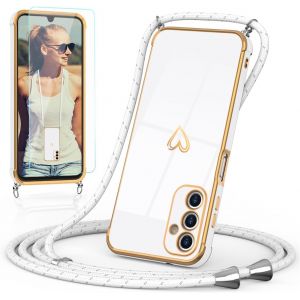 CAUC-Coque de protection pour Samsung Galaxy S24 avec bande et film de protection - Protection de l'appareil photo - C?ur Love - Design r&eacute;sistant aux chocs &agrave; 360 &deg; - En silicone TPU - Avec cordon - Neuf
