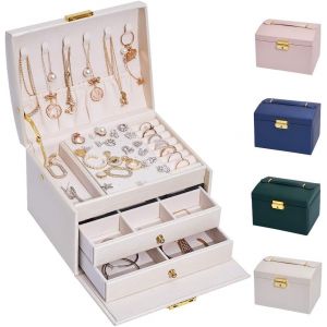 Jexnovashop-Bo&icirc;te &Agrave; Bijoux, Rangement Bijoux Verrouillable, Coffret Bijoux Femme Avec 2 Tiroirs Et 3 Couches, Rangement Pour Montre, Collier, Bague, Bracelet, Id&eacute;e Cadeau(Blanche Grande Taille) - Neuf