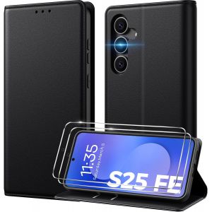 JGD-Coque pour Samsung Galaxy S25 FE, [ Verre Tremp&eacute; Protection*2], [ Blocage du Signal RFID ] [ Premium PU ] [ Pochette de Portefeuille ] Etui &agrave; Rabat pour Samsung S25 FE-Noir - Neuf