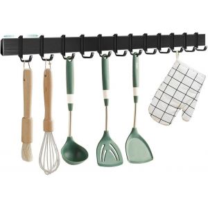 Kyaoayo-Patère De Cuisine 58 Cm, Support De Cuisine Sans Perçage Avec 12 Crochets Amovibles, En Aluminium, Surface Mate, Noir - Neuf