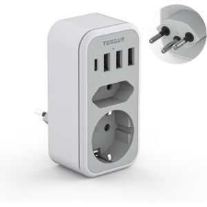 JGD-Adaptateur Prise Suisse 2500W, 6 en 1 Adaptateur Suisse France avec 1 USB C et 3 USB A, Prise Type J pour Jordan Liechtenstein - Neuf